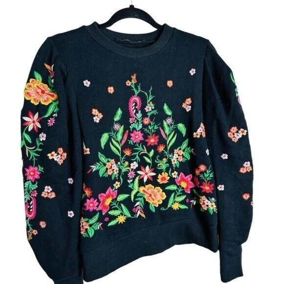 Zara Black Floral Embroidered Sweatshirt Women’s Size Small Bloggers Favorite. - Picture 6 of 9